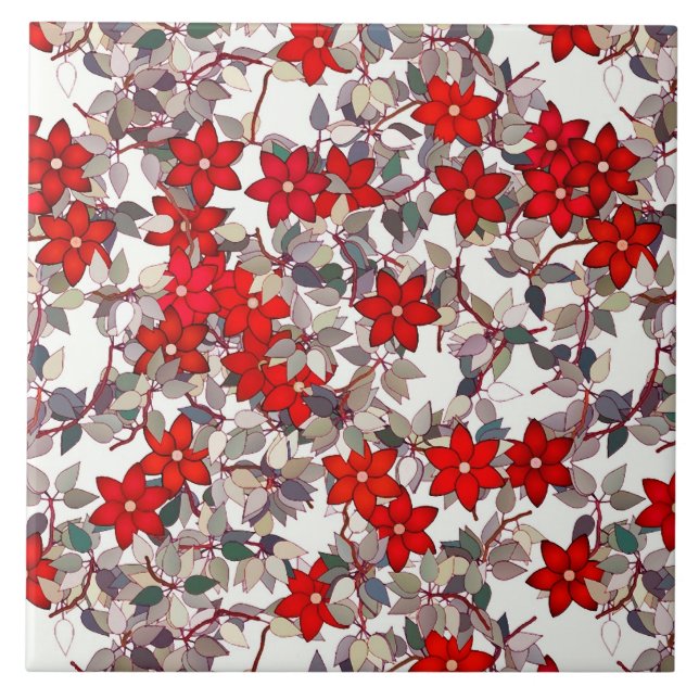 Azulejo De Cerâmica Flores vermelhas e folhas cinza prateado (Frente)