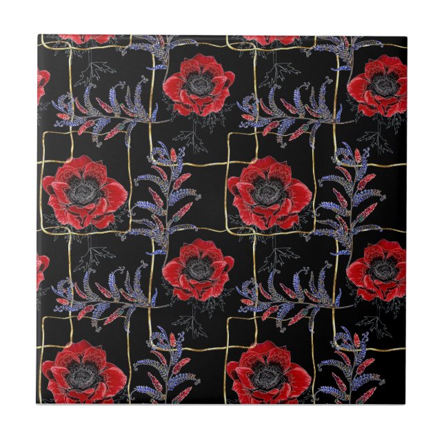 Azulejo De Cerâmica Flores vermelhas em preto. (Frente)