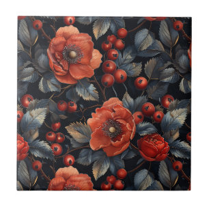 Azulejo De Cerâmica Flores vermelhas em preto
