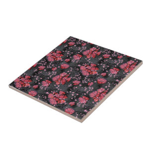 Azulejo De Cerâmica Flores vermelhas em uma cinza preta.