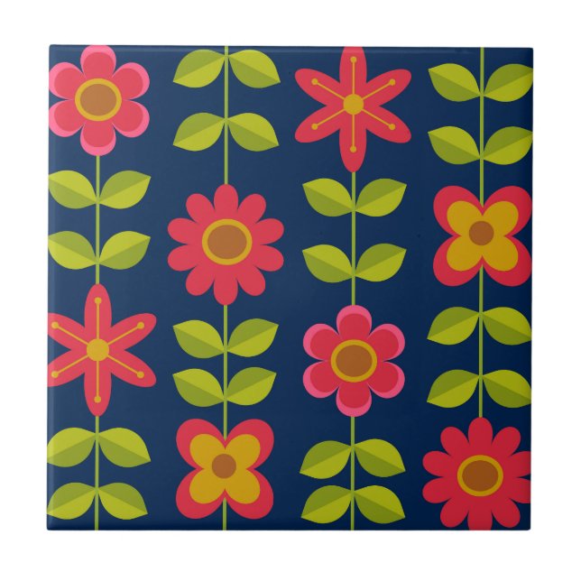 Azulejo De Cerâmica Flores vermelhas Modernas de Meados do Século com  (Frente)