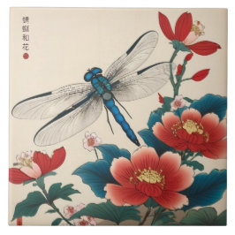 Azulejo De Cerâmica Flores Vermelhas Vintage Japonesas Dragonfly Art