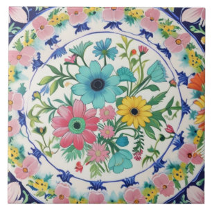Azulejo De Cerâmica Flores Vibrantes Coloridas Espanholas Rosa Azul Fl