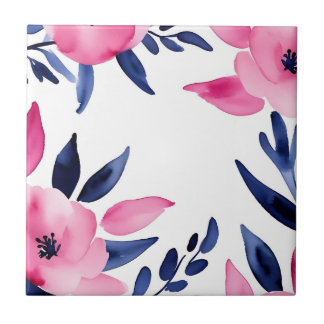 Azulejo De Cerâmica Flores Vibrantes, Rosa e Marinho, de Aquarelas