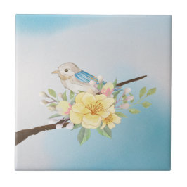 Azulejo De Cerâmica Flores Vintage e Aves Azulejo Cerâmica Azul-Claro