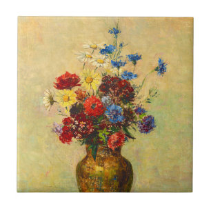Azulejo De Cerâmica Flores Vintage em um Vase (1910) por Odilon Redon