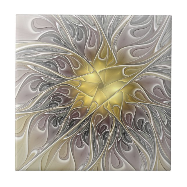 Azulejo De Cerâmica Florescer Com Flor Fractal Abstrata Moderna Dourad (Frente)