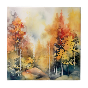 Azulejo De Cerâmica Floresta Abstrata em Aquarela em Paisagem Azul Âmb