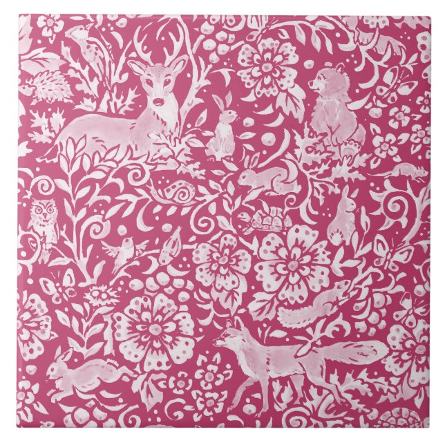Azulejo De Cerâmica Floresta Animal Woodland Natureza Magenta Fantasy (Frente)