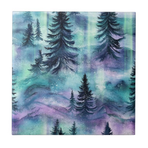 Azulejo De Cerâmica Floresta da Aurora Boreal em Aquarela (4)