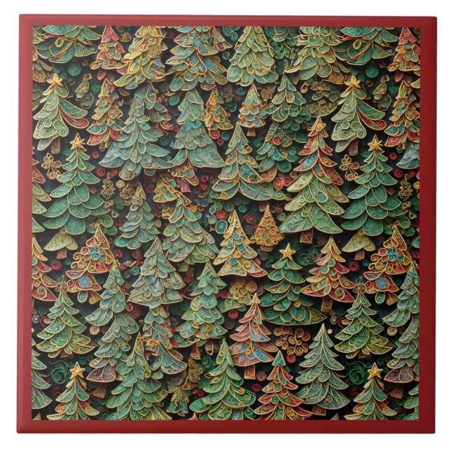 Azulejo De Cerâmica Floresta de Árvore de Natal Whimsey (Frente)