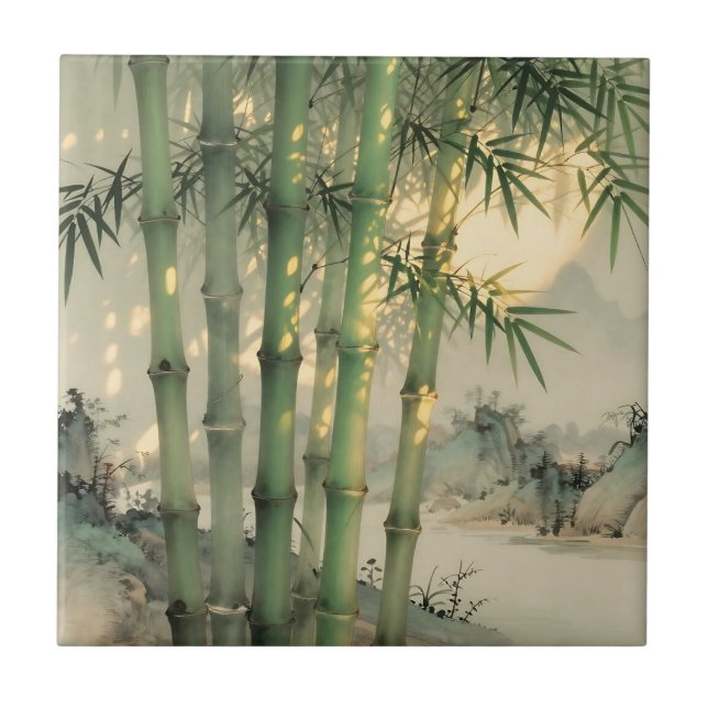 Azulejo De Cerâmica Floresta de Bambu Verde Tinta Chinesa (Frente)