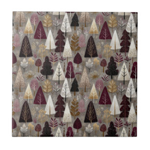 Azulejo De Cerâmica Floresta de Inverno Burgundy Taupe Folk Art