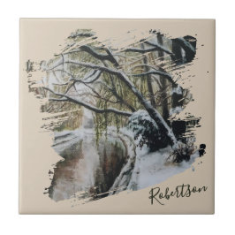 Azulejo De Cerâmica Floresta de Inverno Personalizada em Aquarela 