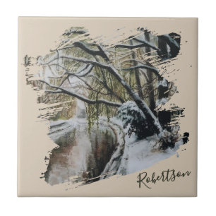 Azulejo De Cerâmica Floresta de Inverno Personalizada em Aquarela