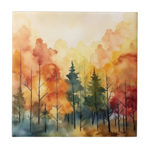 Azulejo De Cerâmica Floresta de Outono Aquarela Glow (2)
