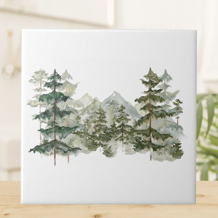 Azulejo De Cerâmica Floresta de Pinheiros em Aquarela e Montanha Rústi
