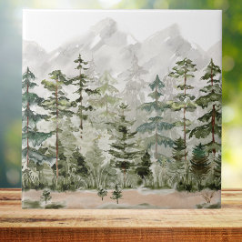 Azulejo De Cerâmica Floresta de Pinheiros Verde Aquarela na Montanha