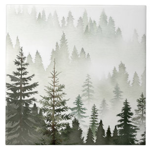 Azulejo De Cerâmica Floresta de Sempre-Verde Nebulosa Aquarela