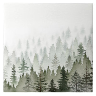 Azulejo De Cerâmica Floresta de Sempre-Verde Nebulosa Aquarela