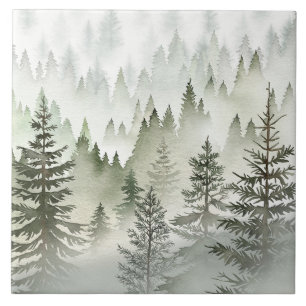Azulejo De Cerâmica Floresta de Sempre-Verde Nebulosa Aquarela