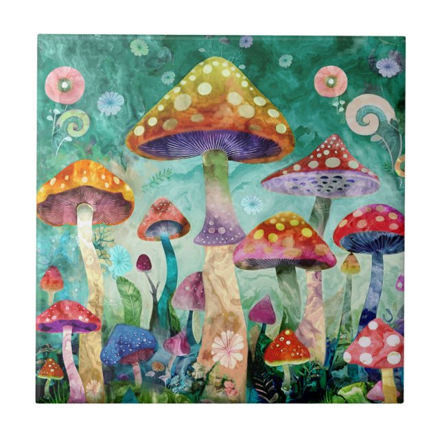 Azulejo De Cerâmica Floresta Mágica de Cogumelo (Frente)