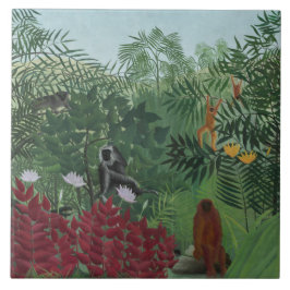Azulejo De Cerâmica Floresta Tropical com Macacos e Cobra (Rousseau)