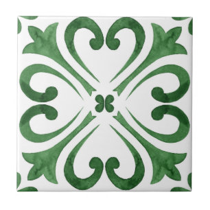Azulejo De Cerâmica Floresta Verde e Branco Aquarela Floral Marroquina