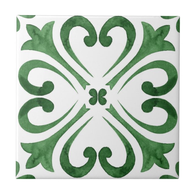 Azulejo De Cerâmica Floresta Verde e Branco Aquarela Floral Marroquina (Frente)