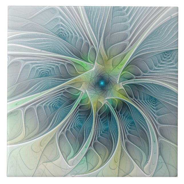 Azulejo De Cerâmica Flourando Fantasia Moderna Azul Flor Fractal Verde (Frente)