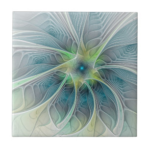 Azulejo De Cerâmica Flourando Fantasia Moderna Azul Flor Fractal Verde