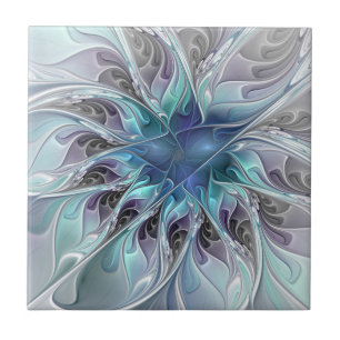 Azulejo De Cerâmica Flourar Abstrato Moderno Flor Fractal Com Azul