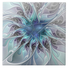 Azulejo De Cerâmica Flourar Abstrato Moderno Flor Fractal Com Azul