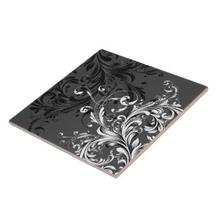 Azulejo De Cerâmica Flourish floral preto e branco