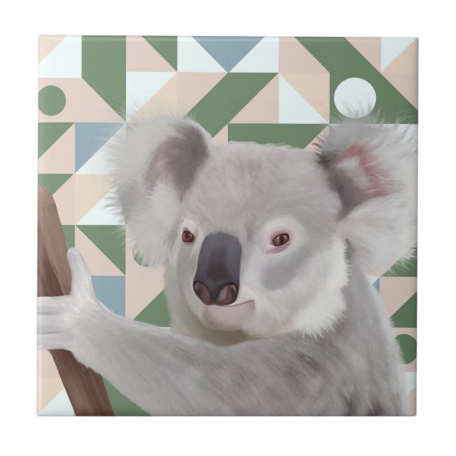 Azulejo De Cerâmica Fluffy Koala Green Fundo Geométrico (Frente)