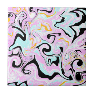 Azulejo De Cerâmica Fluid Art Cotton Candy Pink, Teal, Preto e Dourado