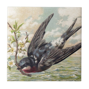 Azulejo De Cerâmica Flying swallow with flower twig