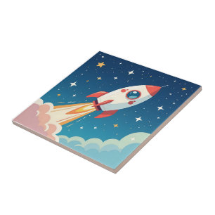 Azulejo De Cerâmica Foguete espacial fofo decolando