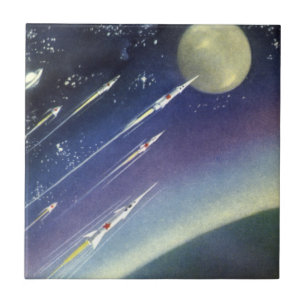 Azulejo De Cerâmica Foguetes de Ficção Científica Vintage no Espaço po