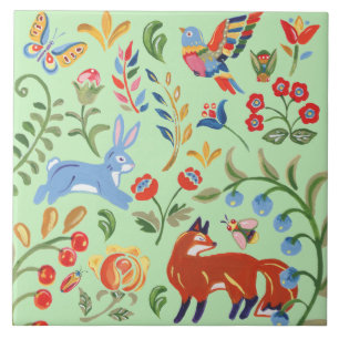 Azulejo De Cerâmica FolArt Green Animal Woodland Floral Fox Rabbit