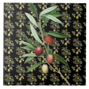 Azulejo De Cerâmica Folha de Figo e Galho de Oliveira Botânico Preto R