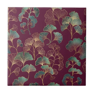 Azulejo De Cerâmica Folha de Ginkgo Elegante em Borgonha e Azul Turque