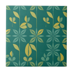Azulejo De Cerâmica Folha Geométrica Botânica Teal Moderno de Meados d