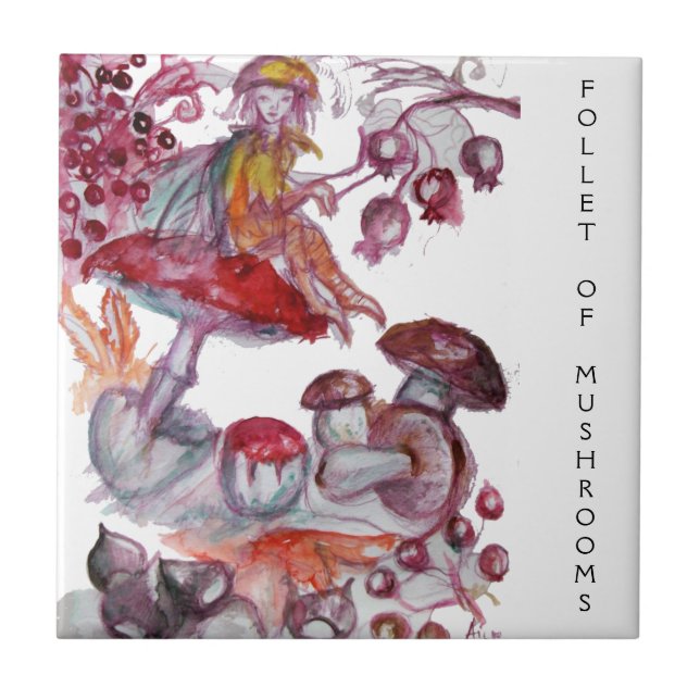 Azulejo De Cerâmica FOLHA MÁGICA DE MUSHROOMS Fantasia Branca Vermelha (Frente)