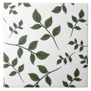 Azulejo De Cerâmica Folhagem com Folhas Verdes em Branco