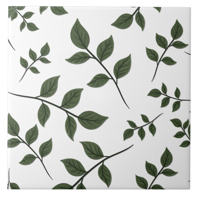 Azulejo De Cerâmica Folhagem com Folhas Verdes em Branco (Frente)