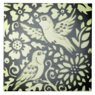 Azulejo De Cerâmica Folhagem de Cinzas Verdes Pássaros Folhagem Folia
