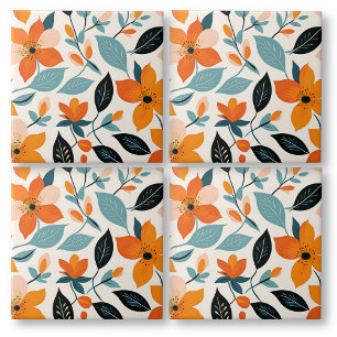 Azulejo De Cerâmica Folhagem e Flores Laranja e Azul