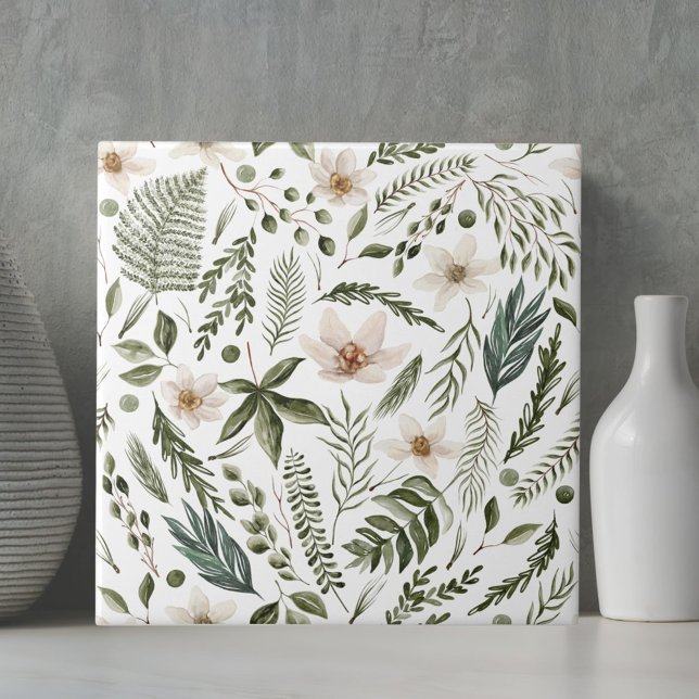 Azulejo De Cerâmica Folhagem Flor Aquarela Sem Costura Padrão Floral S (Close up)