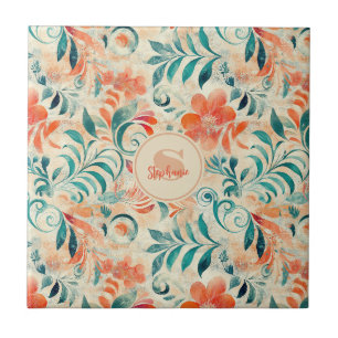 Azulejo De Cerâmica Folhas Azuis Russas e Padrão Floral Vermelho-Laran